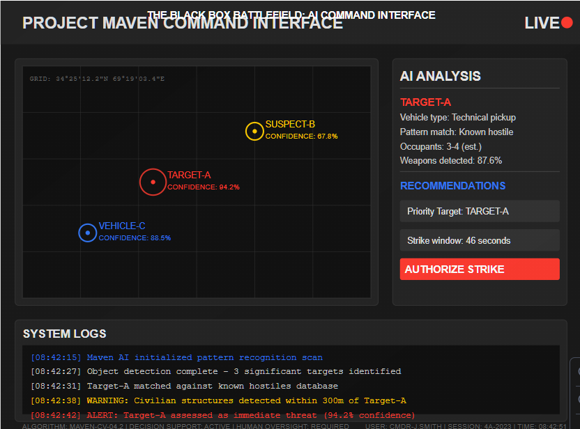 Mockup of a military command interface powered by Project Maven AI, showing target identification with confidence scores, automated recommendations, and an 'authorize strike' button—illustrating how AI shapes battlefield decisions while maintaining the appearance of human oversight. Copyright - Prime Rogue Inc - 2025