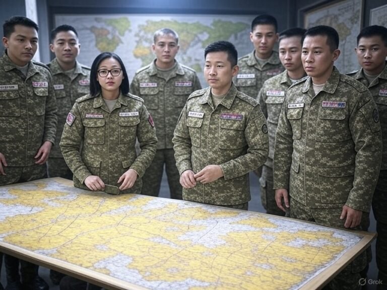 A group of military personnel in camouflage uniforms stands around a large table with a detailed map spread out on it. The setting is a high-tech command room with large windows showing a cityscape with explosions and smoke in the distance, suggesting a wartime scenario. Additional maps and screens on the walls display strategic information, emphasizing a war propaganda theme. The atmosphere is tense and focused, highlighting the roles of private contractors in developing autonomous AI weapons. military propaganda history AI ethics in warfare more dramatic tone