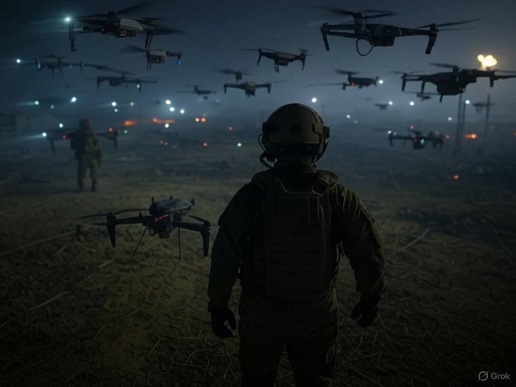 A futuristic battlefield scene showcasing a spectrum of AI weapons: on the left, a human operator monitors glowing screens with surveillance data; in the center, a semi-autonomous drone hovers with a faint human hand icon nearby; on the right, a swarm of fully autonomous drones engages targets under a dark, algorithm-streaked sky. The image is divided into three labeled sections—'Decision-Support,' 'Semi-Autonomous,' and 'Fully Autonomous'—highlighted with neon text, blending high-tech tension with a sense of escalating autonomy.