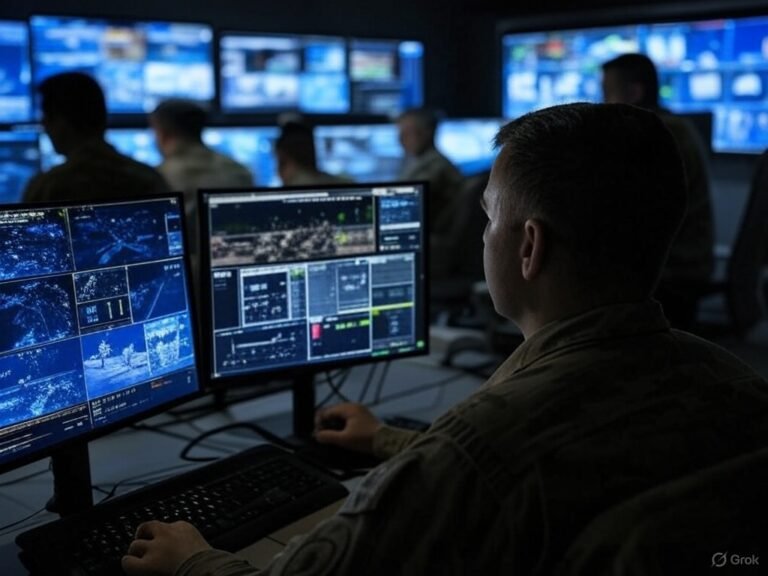 A digital dashboard displaying real-time drone footage and algorithmic detection outputs, with a sleek, high-tech interface showing maps, surveillance video feeds, and highlighted targets. The scene captures the integration of AI in modern warfare, with glowing data streams connecting military command elements, symbolizing Project Maven’s role in reshaping life-and-death decisions.