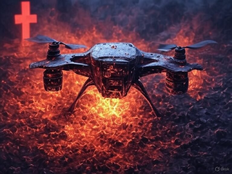 A military drone sits on a rocky ground surrounded by intense orange and red flames, creating a dramatic and ominous atmosphere. In the background, a large red cross and a red crescent are faintly visible through the smoke, symbolizing the oversight and disapproval of the International Committee of the Red Cross (ICRC) regarding the use of autonomous weapons in conflict. The scene captures the ethical and humanitarian concerns highlighted in the article.