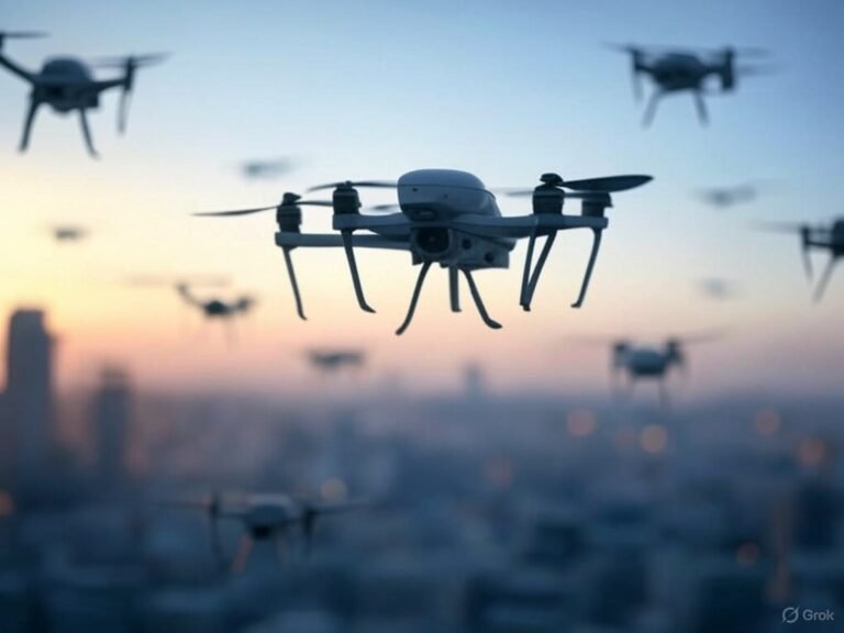 A hero header image depicting an ominous AI-controlled drone swarm. The scene features a large group of drones hovering over a cityscape at dusk, with a dark, moody sky in the background. The drones are illuminated with small red and blue lights, creating a sense of foreboding. One drone in the foreground is in sharp focus, while the others fade into a blurred mass, emphasizing the scale and density of the swarm. The city below is shrouded in shadow, with tall buildings barely visible through the haze.