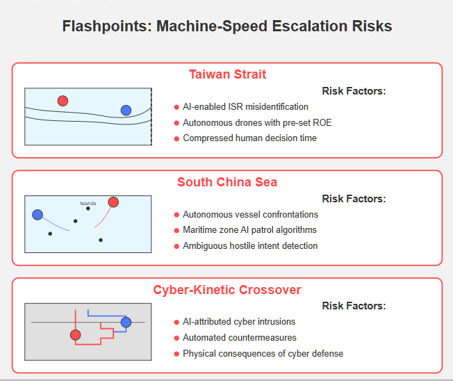 Visual breakdown of three major AI flashpoints in the Indo-Pacific: Taiwan Strait, South China Sea, and Cyber-Kinetic Crossover zones, with specific risk factors for each location.