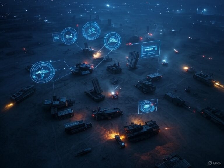 A high-tech battlefield at night, viewed from above, where autonomous drones and missile defense systems are mid-engagement without any visible humans. Digital HUD overlays show targeting data, flashing red alerts, and AI decision nodes linking satellites, ships, and land-based systems in real time. The atmosphere feels tense and unstable, like a war is unfolding faster than anyone can control it. Style: cinematic realism, dark tones with glowing red/blue accents. Focus: the speed and chaos of machine-led warfare — fast, cold, and unstoppable.