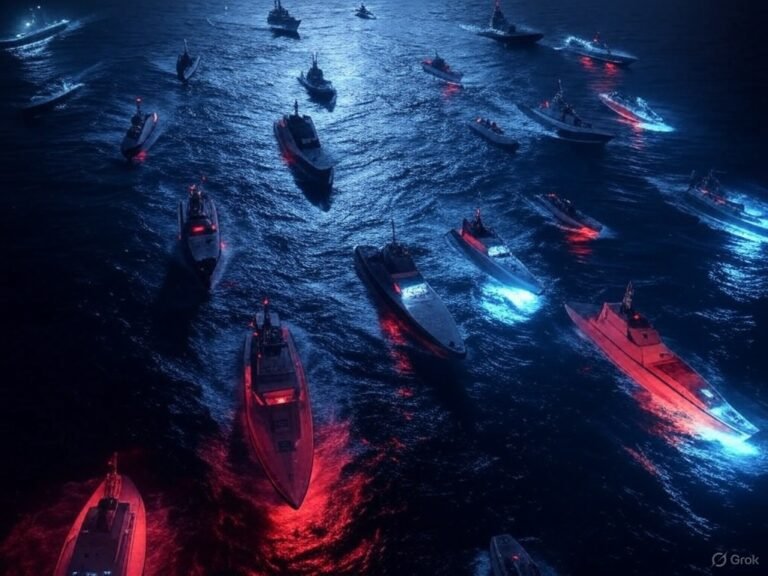 A hyper-realistic, cinematic rendering of the Indo-Pacific battlespace at night, viewed from high altitude. The scene shows autonomous drones, unmanned naval vessels, and AI-powered surveillance satellites in coordinated motion across the Taiwan Strait and South China Sea. Digital overlays show real-time data streams, threat recognition grids, and targeting AI logic paths in Mandarin and English. Below, a mix of U.S., Chinese, and allied warships patrol dark waters—taut and tense. The image should evoke imminent conflict, machine-speed escalation, and algorithmic warfare without human figures present. Lighting should emphasize a cold, high-tech aesthetic with red and blue tactical glows, electronic warfare signatures, and cybernetic visual elements.