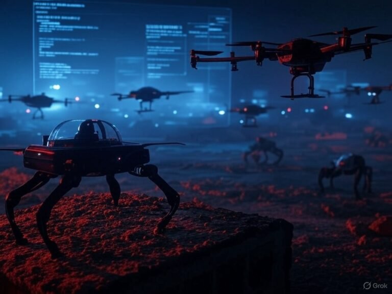 A dark, cinematic scene of a futuristic battlefield where no humans are visible—only autonomous drones, quadruped robots, and AI-powered targeting systems operating independently. Overhead, satellites beam down data. On the ground, a loitering munition hovers above a destroyed building. In the background, glowing holographic overlays display fragmented legal text (e.g., “Geneva Conventions,” “Protocol I,” “Distinction,” “Proportionality”) in multiple languages, blurred and partially corrupted—symbolizing outdated law. The environment feels cold, sterile, and morally ambiguous. Use high contrast lighting with sharp red and blue tones to reflect opposing forces and machine-speed decision-making. Style: hyperrealistic, dystopian, military-futurist.