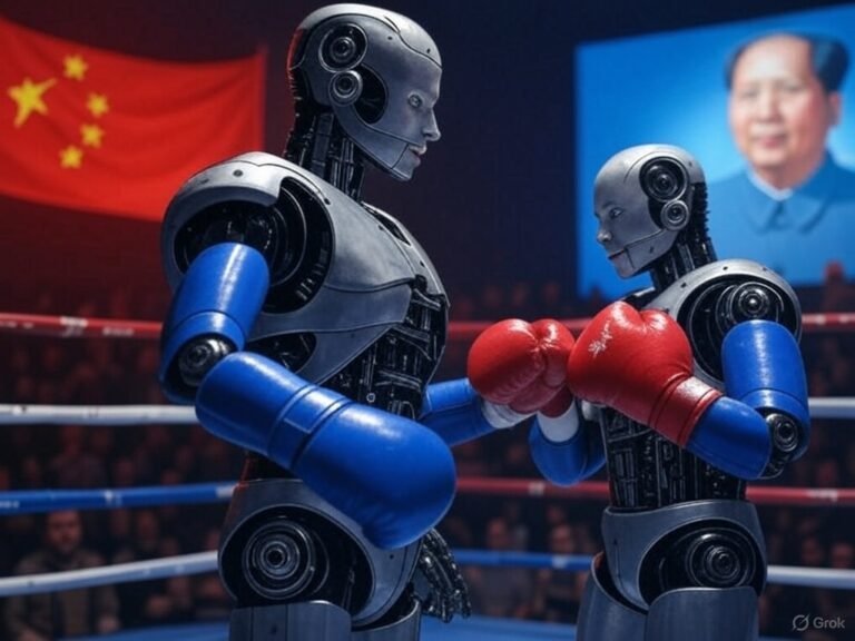 A highly detailed humanoid robot in a boxing ring, facing off against another robot in a stylized, dramatic lighting environment. The robot has a sleek, industrial design with visible joints, AI sensors, and metallic plating. In the background, there are holographic overlays showing target-lock icons, combat metrics, and motion data—evoking the feel of an advanced training simulation. The setting is part cyberpunk arena, part military testing lab. Subtle Chinese flag insignia and high-tech interface details hint at a dual-use, military-grade context. The mood is serious, not playful—emphasizing the robot as a prototype for autonomous combat, not entertainment.