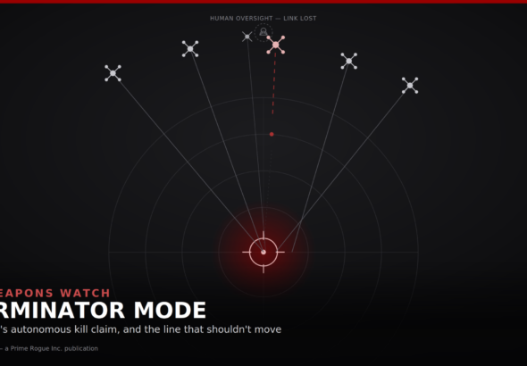 Dark, editorial illustration of six drone icons converging in formation on a glowing red targeting reticle at the bottom of the frame, set against faint concentric radar rings. Five drones are rendered in grey with solid uplink lines running to a faded human-silhouette icon at the top labeled "Human oversight — link lost." The sixth drone, nearest the reticle, is rendered in pale red with its uplink shown as a dashed line that breaks and stops short of the human icon, visually marking its severed connection. Over a darkened lower third, the headline reads "AI WEAPONS WATCH / TERMINATOR MODE / Ukraine's autonomous kill claim, and the line that shouldn't move," with a small "Illustration — a Prime Rogue Inc. publication" credit beneath.