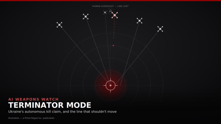 Dark, editorial illustration of six drone icons converging in formation on a glowing red targeting reticle at the bottom of the frame, set against faint concentric radar rings. Five drones are rendered in grey with solid uplink lines running to a faded human-silhouette icon at the top labeled "Human oversight — link lost." The sixth drone, nearest the reticle, is rendered in pale red with its uplink shown as a dashed line that breaks and stops short of the human icon, visually marking its severed connection. Over a darkened lower third, the headline reads "AI WEAPONS WATCH / TERMINATOR MODE / Ukraine's autonomous kill claim, and the line that shouldn't move," with a small "Illustration — a Prime Rogue Inc. publication" credit beneath.