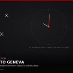 Dark editorial illustration of a large clock face with its hands pointing near midnight, rendered in red, centered against a dark background, labeled "'By the end of 2026' — UNSG / ICRC call, Oct 2023." Faint drone icons float unresolved around the clock, and a muted outline of a UN-style building, labeled "Palais des Nations," sits in the lower left. Over a darkened lower third, the headline reads "AI WEAPONS WATCH / ONE WEEK TO GENEVA / Why the 'end of 2026' deadline on killer robots is already dead," with a small "Illustration — a Prime Rogue Inc. publication" credit beneath.