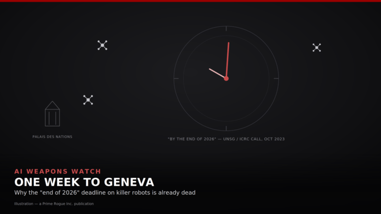 Dark editorial illustration of a large clock face with its hands pointing near midnight, rendered in red, centered against a dark background, labeled "'By the end of 2026' — UNSG / ICRC call, Oct 2023." Faint drone icons float unresolved around the clock, and a muted outline of a UN-style building, labeled "Palais des Nations," sits in the lower left. Over a darkened lower third, the headline reads "AI WEAPONS WATCH / ONE WEEK TO GENEVA / Why the 'end of 2026' deadline on killer robots is already dead," with a small "Illustration — a Prime Rogue Inc. publication" credit beneath.